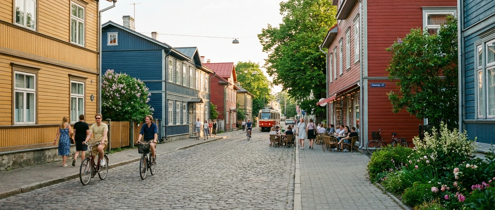 Lai panoraam Kalamaja puitmajadest ja renoveeritud korterelamutest Tallinnas