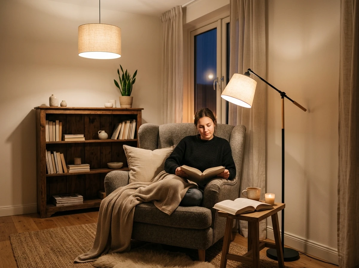 Soojalt valgustatud lugemisnurk
