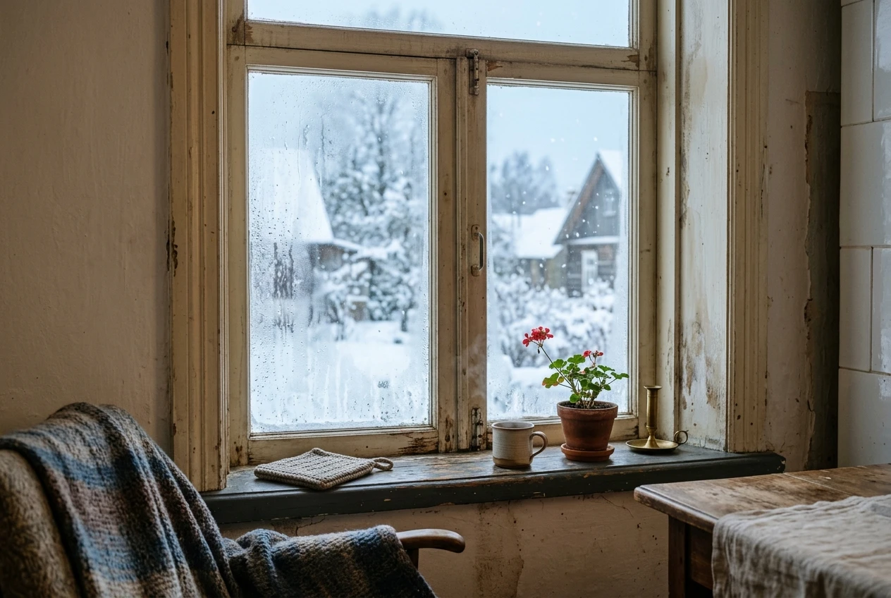 Kondensaat vana maja aknal